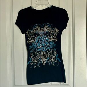 Black Graphic Rhinestone Short Sleeve Tee